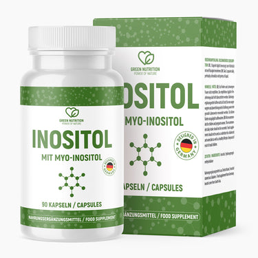 Weiße Kunststoffdose INOSITOL mit 90 Kapseln und Umverpackung mit Molekülgrafik und Myo-Inositol